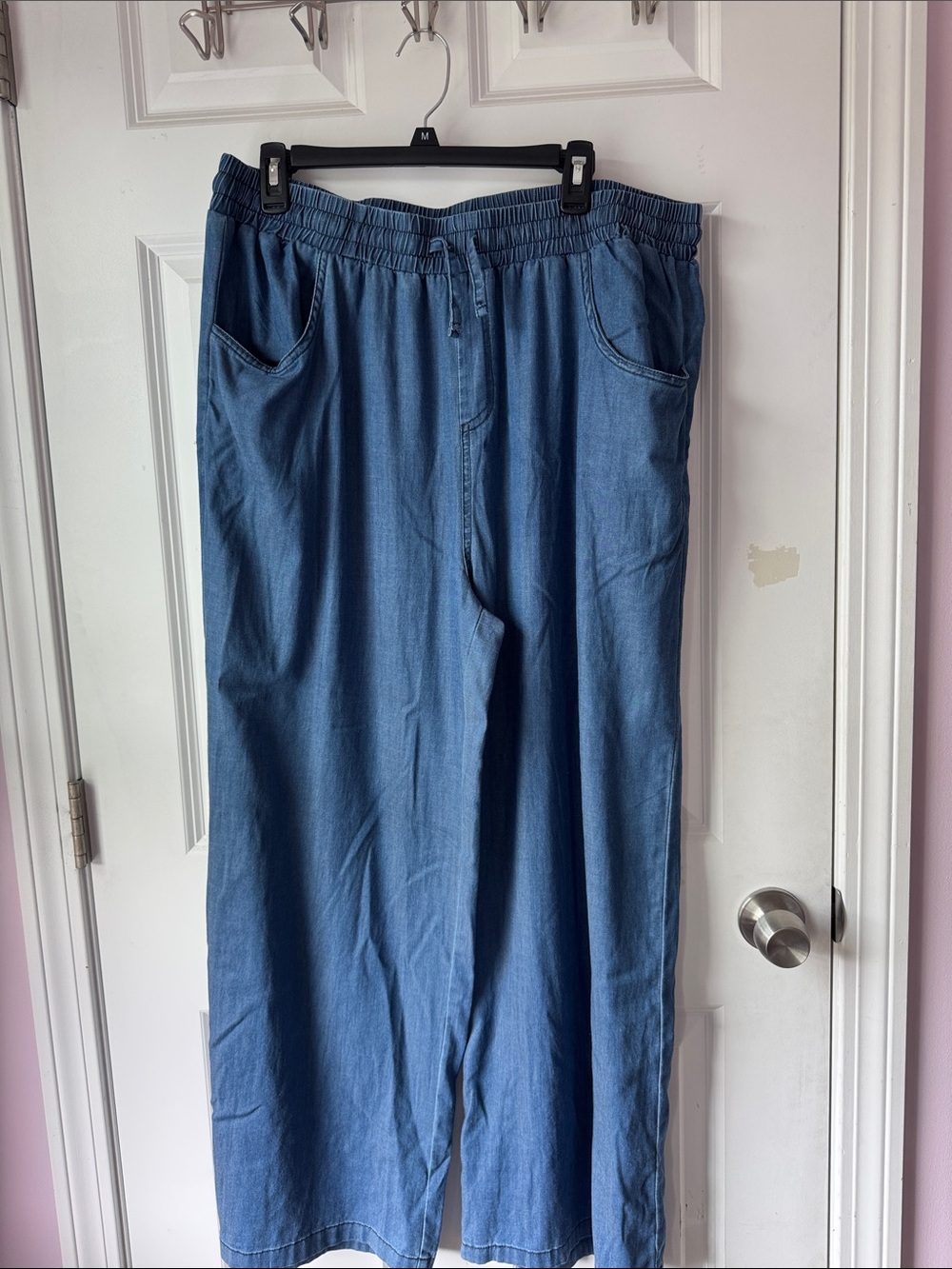 Casual Wide-Leg Elastic Waist Denim Pants - Blue